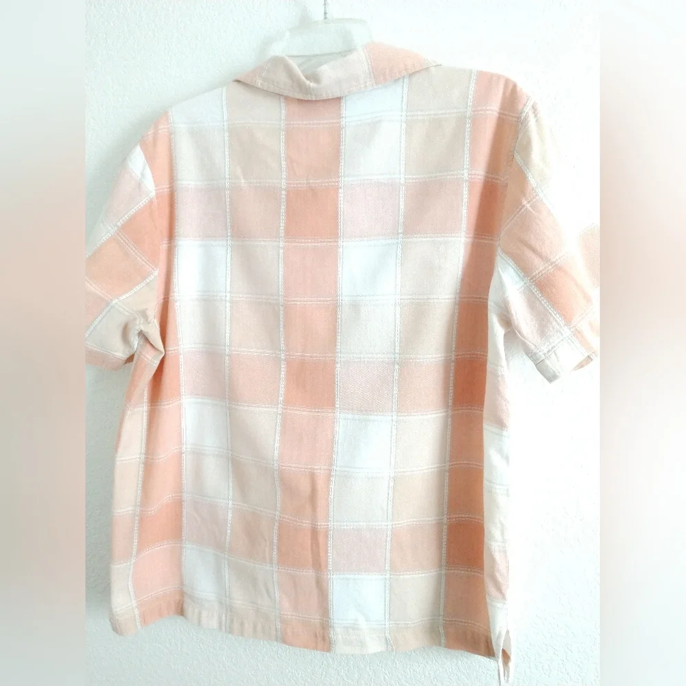 Haband Women's Short Sleeve Shirt Top Pastel Orange Beige Check Large Chest 42" - Picture 3 of 4